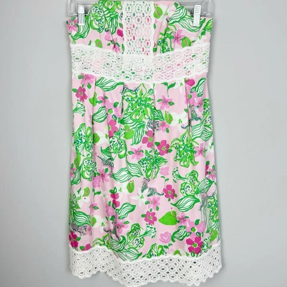 LILLY PULITZER | Floral Strapless Pink Green Dress Lace Trim Women’s Size 2 - Picture 2 of 9